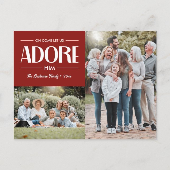 Oh Come Let Us Adore Him RED Christian 2 Photo  Holiday Postcard (Front)