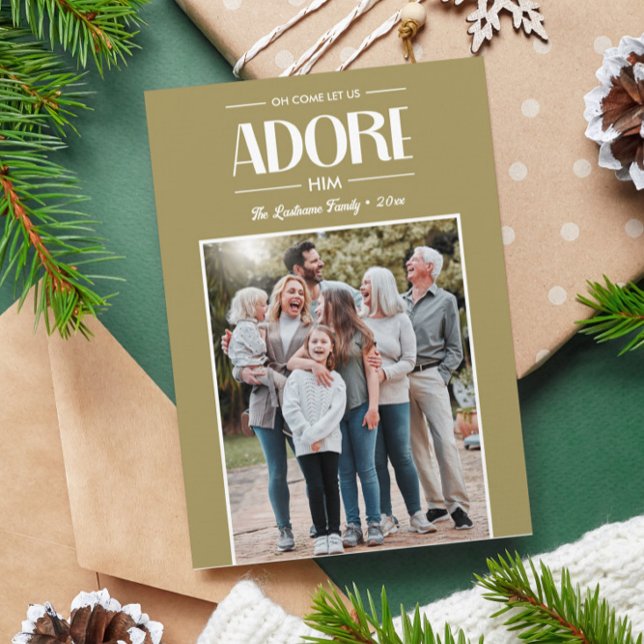 Oh Come Let Us Adore HIM TAN Christian Photo  Holiday Card (oh come let us adore him photo vertical religious photo family card)