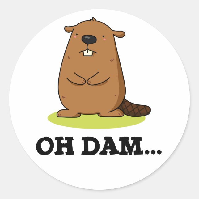 Oh Dam Funny Beaver Pun  Classic Round Sticker (Front)