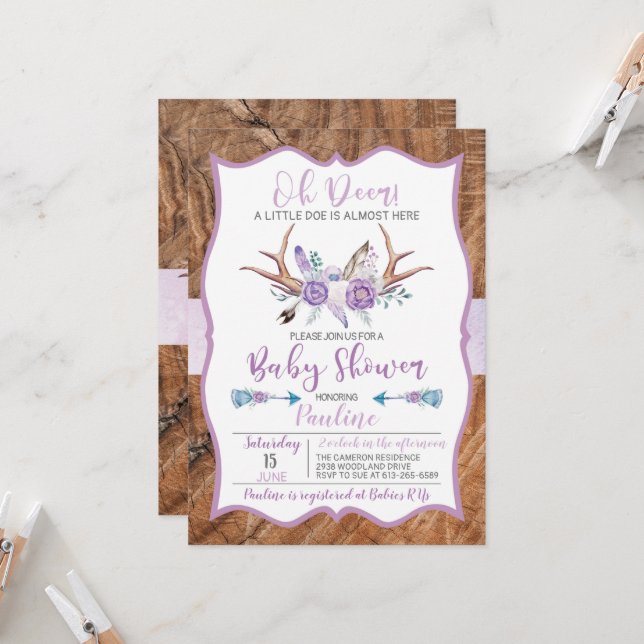 Oh Deer a little Doe almost here Baby Shower Invit Invitation (Front/Back In Situ)