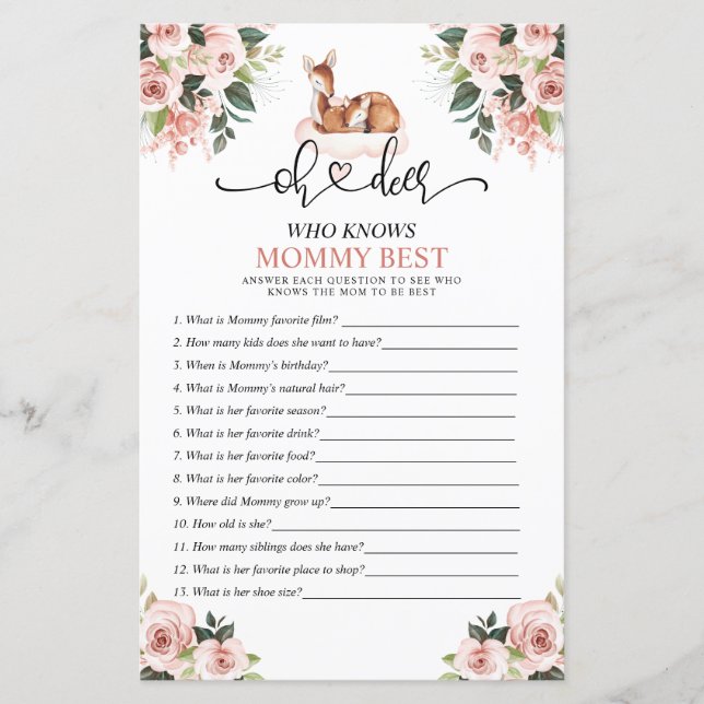 Oh Deer Baby Floral Who Knows Mum Best Baby Game (Front)