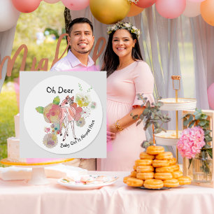 Oh Deer Baby Girl Almost Here Pastel Wildflowers  Classic Round Sticker