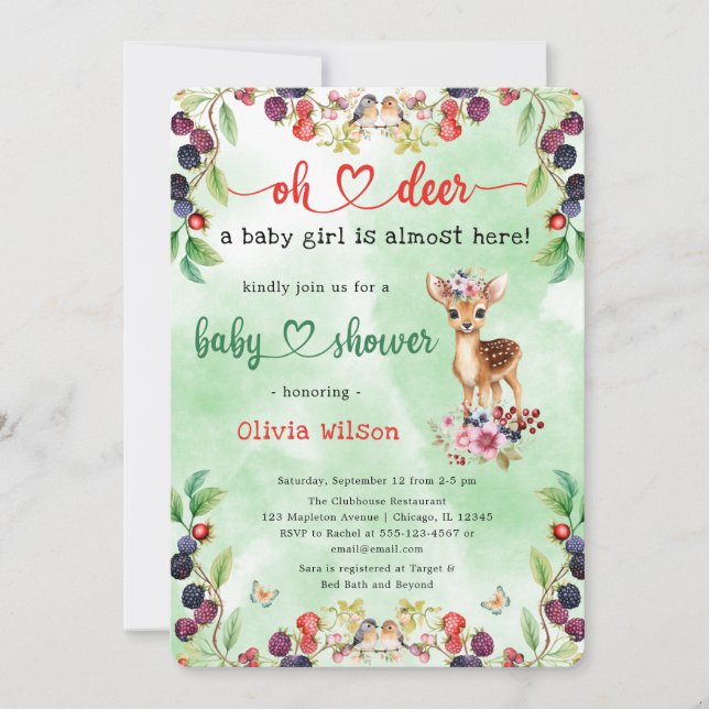 Oh Deer Baby Girl Berry Flowers Forest Baby Shower Invitation (Front)