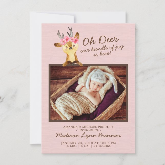 Oh Deer Baby Girls Photo Birth Announcement (Front)