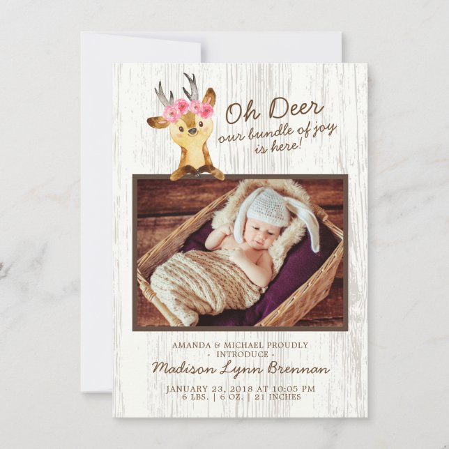 Oh Deer Baby Girls Photo Birth Announcement (Front)
