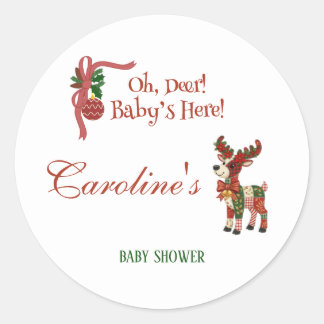 Oh, Deer! Baby’s Here! – Christmas Baby Shower Classic Round Sticker