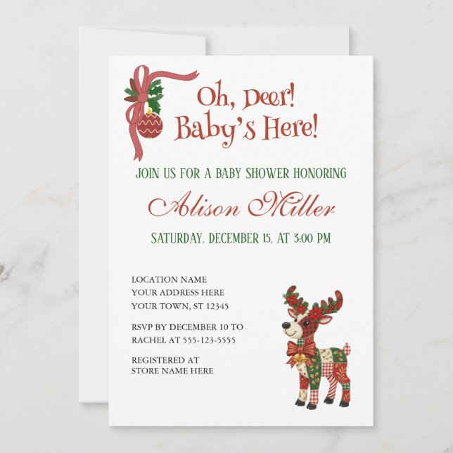 Oh, Deer! Baby’s Here! – Christmas Baby Shower Invitation (Front)