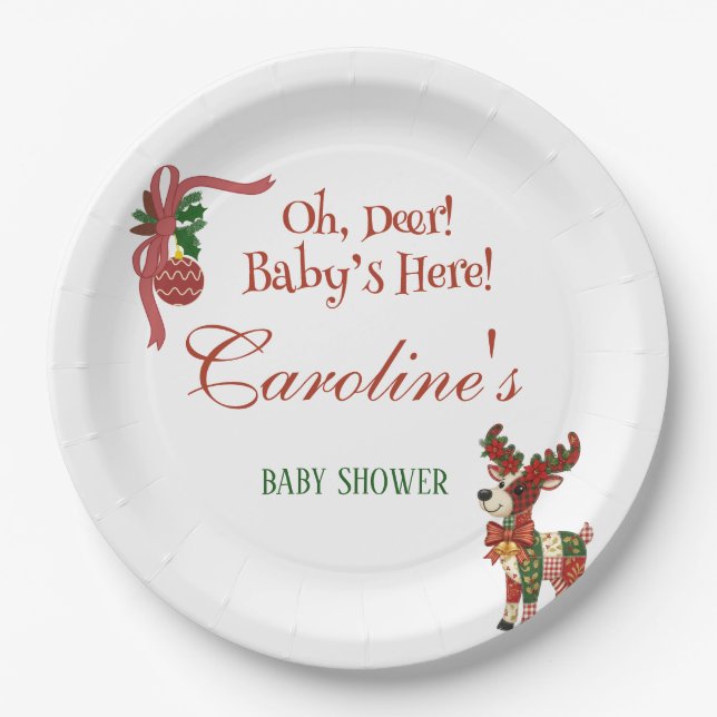 Oh, Deer! Baby’s Here! – Christmas Baby Shower Paper Plate (Front)