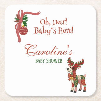 Oh, Deer! Baby’s Here! – Christmas Baby Shower Square Paper Coaster