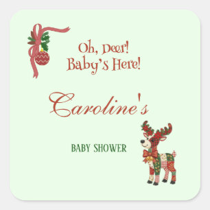 Oh, Deer! Baby’s Here! – Christmas Baby Shower Square Sticker