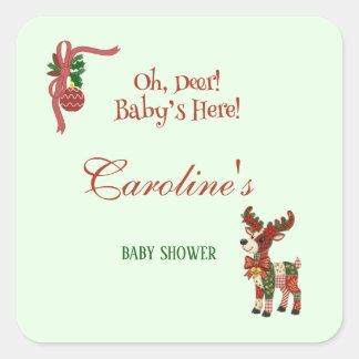 Oh, Deer! Baby’s Here! – Christmas Baby Shower Square Sticker
