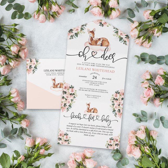 Oh Deer Baby Shower Floral Books All In One Invitation (Oh deer watercolor pink floral baby shower all in one invitation with a books for baby card attached)