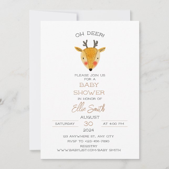 Oh Deer Baby Shower Invitation, Customisable Invitation (Front)