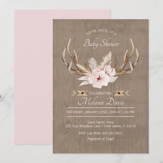 Oh Deer Baby Shower Invitation – Woodland Floral W (Front/Back)