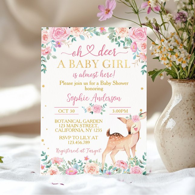 Oh Deer Baby Shower Pink Gold Floral Invitation (Creator Uploaded)