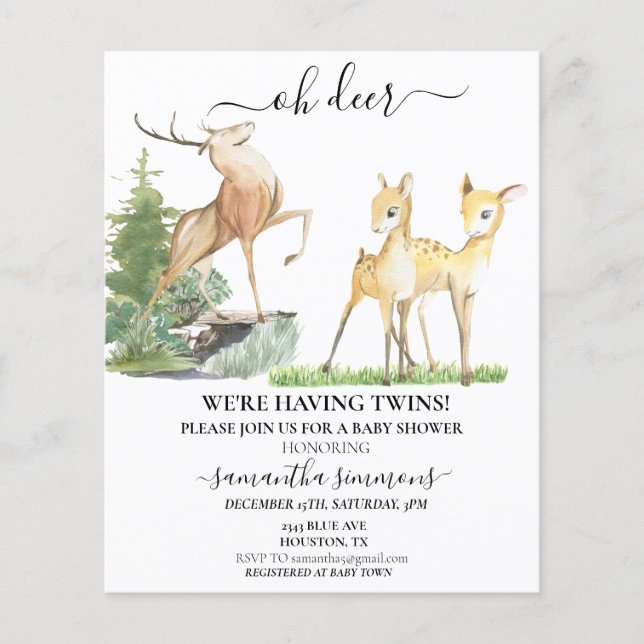 Oh Deer Baby shower Twins Watercolor  (Front)