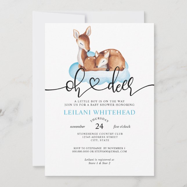 Oh Deer Baby Shower Watercolor Blue Cloud Invitation (Front)