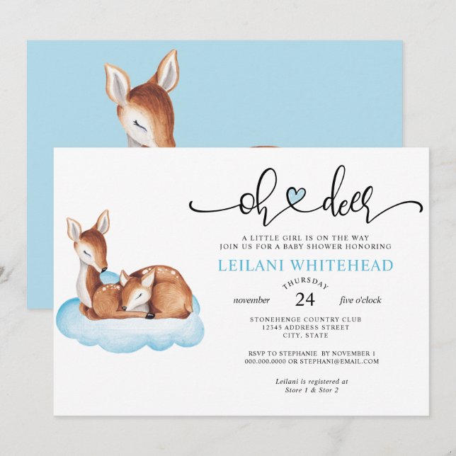 Oh Deer Baby Shower Watercolor Blue Cloud Invitation (Front/Back)