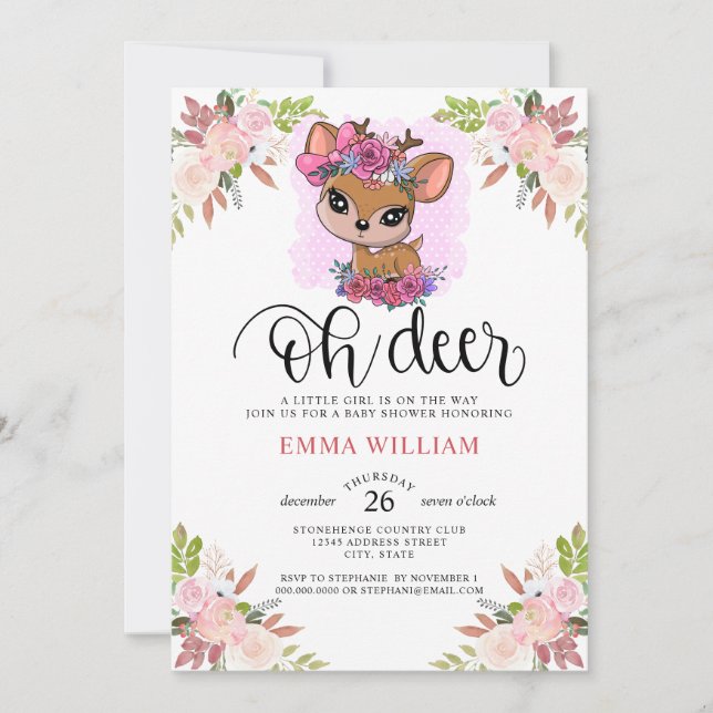 Oh Deer Baby Shower Watercolor Botanical Floral Invitation (Front)