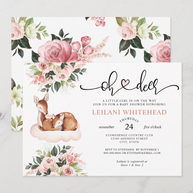Oh Deer Baby Shower Watercolor Floral Botanical Invitation (Front/Back)