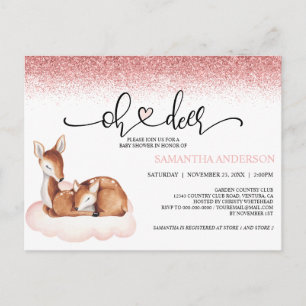 Oh Deer Baby Shower Watercolor Pink Glitter Invite Postcard