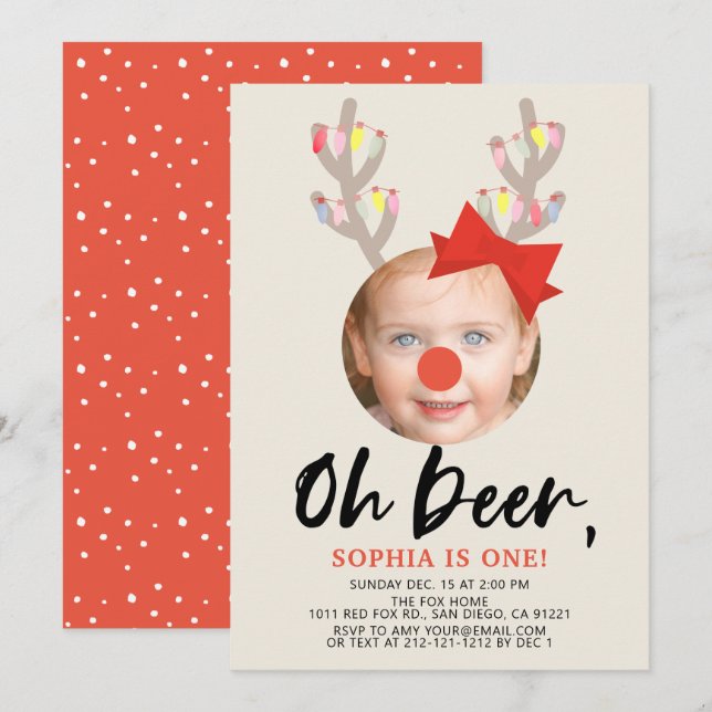Oh Deer Beige & Red Holiday Photo 1st Birthday Inv Invitation (Front/Back)
