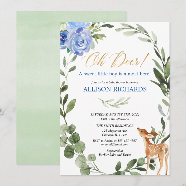Oh deer blue gold eucalyptus boy baby shower invitation (Front/Back)