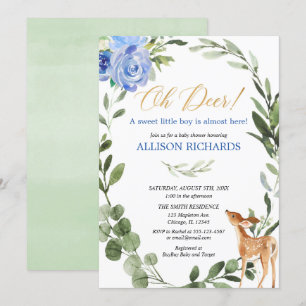Oh deer blue gold eucalyptus boy baby shower invitation