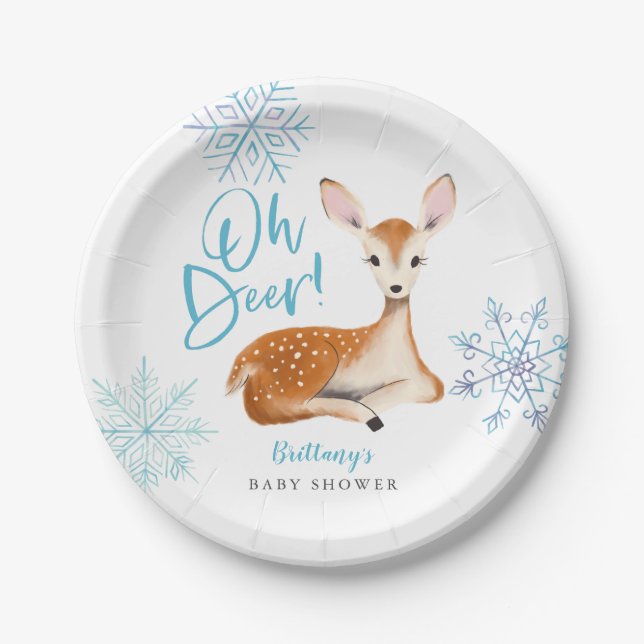 Oh Deer Blue Winter Wonderland Baby Shower Paper Plate (Front)