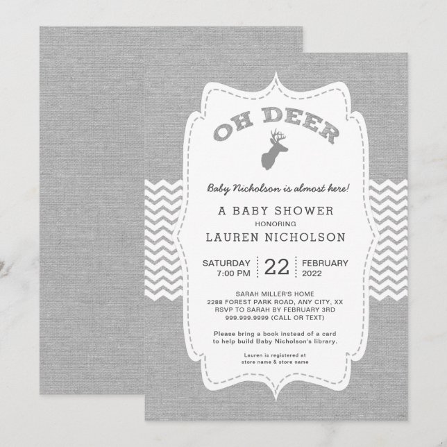 OH DEER Buck Baby Shower, rustic grey white Invitation (Front/Back)