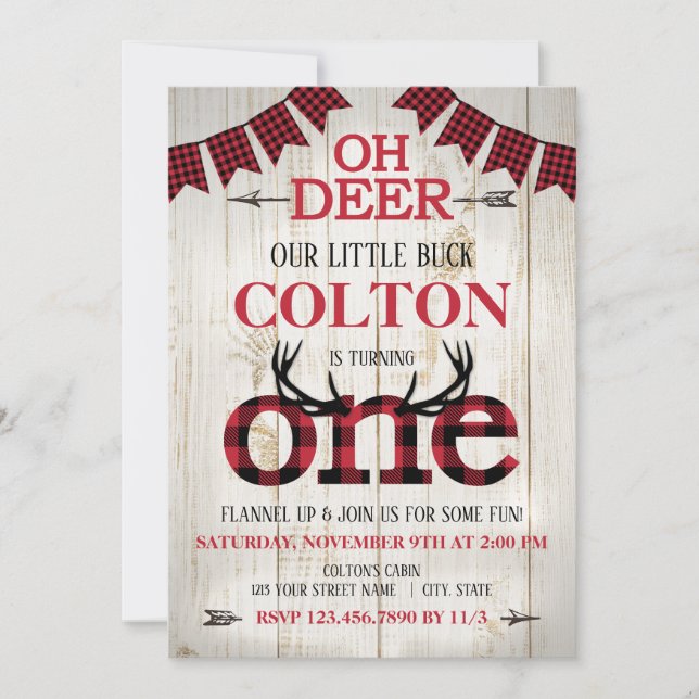 Oh Deer! Buffalo Plaid Our Little Buck Birthday Invitation (Front)