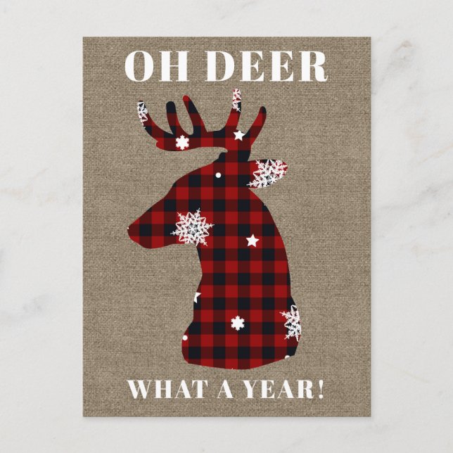 Oh Deer Buffalo Plaid Snowflake Burlap Christmas Holiday Postcard (Front)