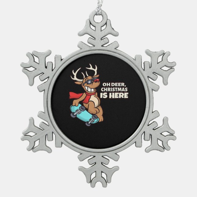 Oh Deer Christmas Celebration Holiday Design  Snowflake Pewter Christmas Ornament (Front)