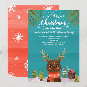 Oh Deer Christmas Is Here Blue Red Invitation