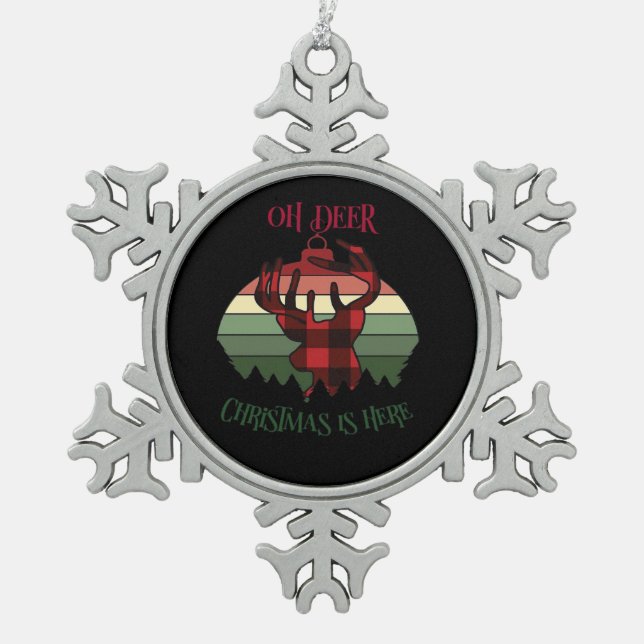 Oh Deer Christmas Is Here Joyful Aesthetic  Snowflake Pewter Christmas Ornament (Front)