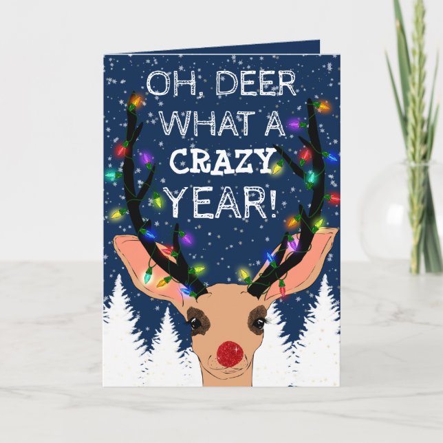 Oh Deer Crazy Year Reindeer Lights Christmas Holiday Card (Front)