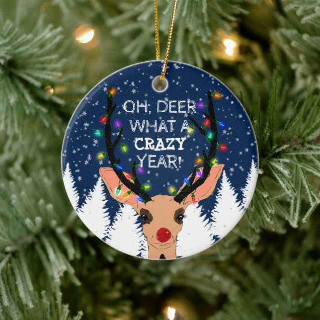 Oh Deer Crazy Year Reindeer Lights Christmas Snowy Ceramic Tree Decoration (Tree)