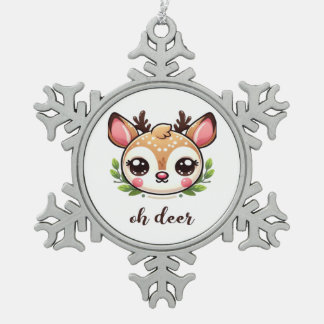 Oh Deer Cute Deer Minimal Design  Snowflake Pewter Christmas Ornament