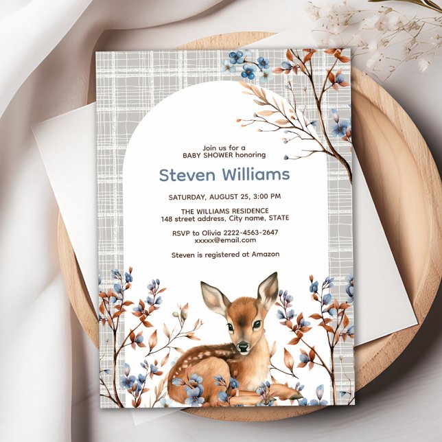 Oh deer cute forest rustic florals baby shower invitation (Oh deer rustic blue florals with cute forest deer baby shower invitation, gender neutral, woodland )