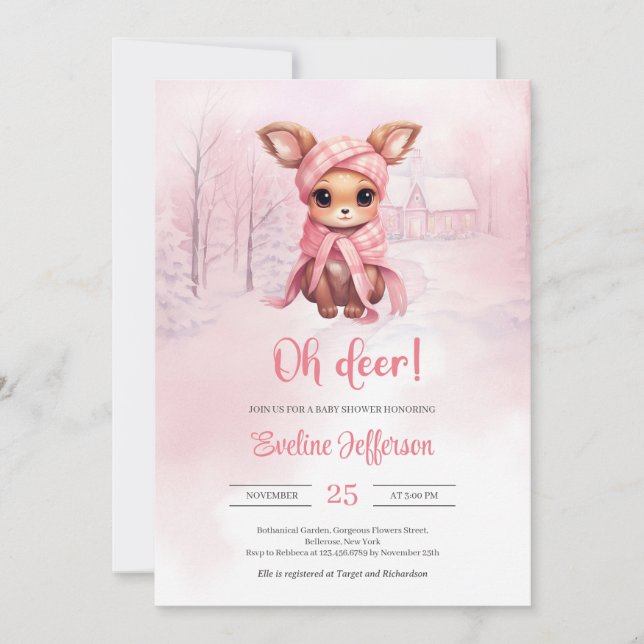 Oh deer Cute little pink deer in winter forest Invitation (Front)