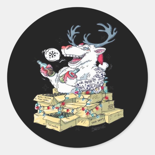 Oh Deer Drunk Reindeer Celebrating Christmas Festi Classic Round Sticker (Front)