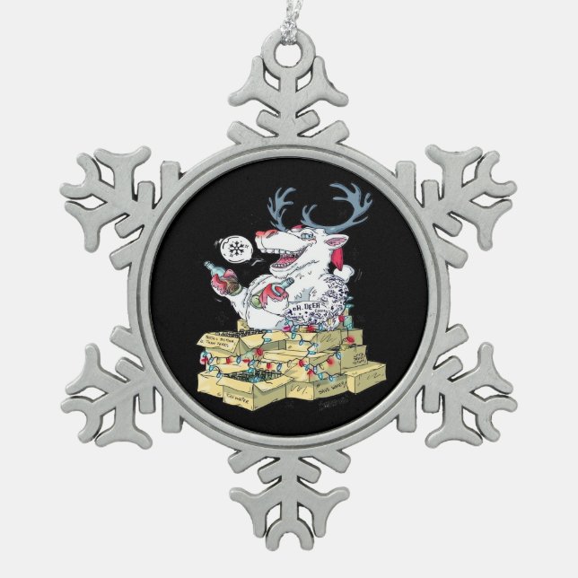 Oh Deer Drunk Reindeer Celebrating Christmas Festi Snowflake Pewter Christmas Ornament (Front)
