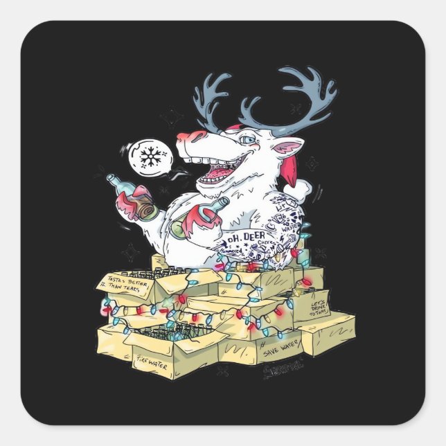 Oh Deer Drunk Reindeer Celebrating Christmas Festi Square Sticker (Front)