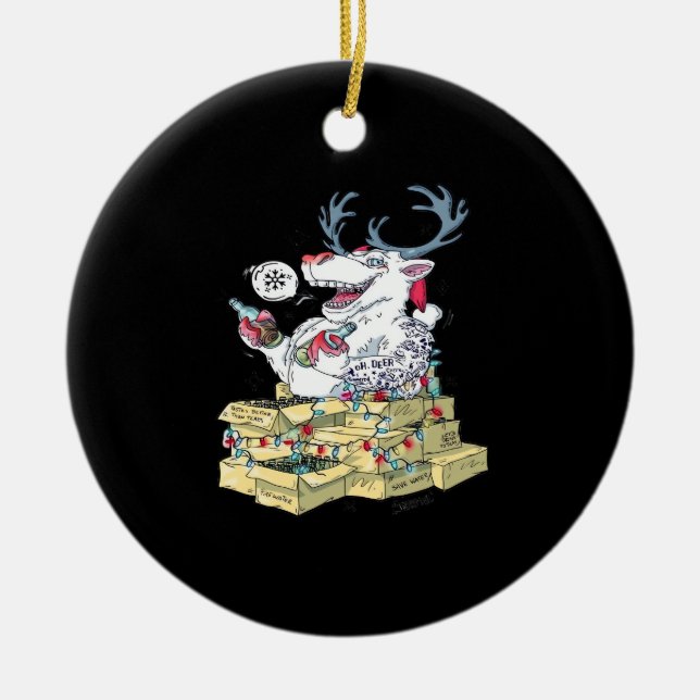 Oh Deer Drunk Reindeer Celebrating ChristmOrnament Ceramic Tree Decoration (Front)