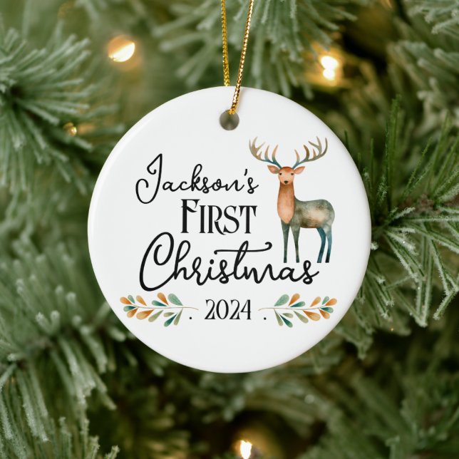 Oh Deer First Christmas Photo Ceramic Tree Decoration (Tree)