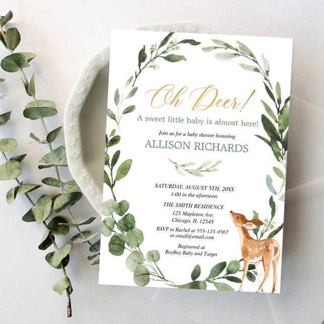 Oh deer gender neutral greenery gold baby shower invitation (Creator Uploaded)