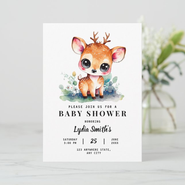 Oh Deer Girl Baby Shower Baby girl Shower Greenery Invitation (Standing Front)
