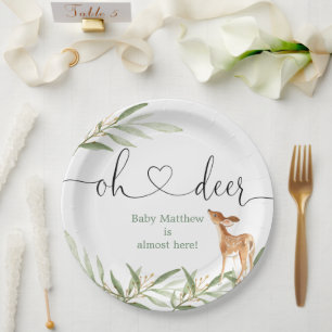 Oh deer gold greenery deer baby shower paper plate