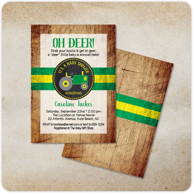 Oh Deer Green Tractor Baby Shower Invitation (Creator Uploaded)