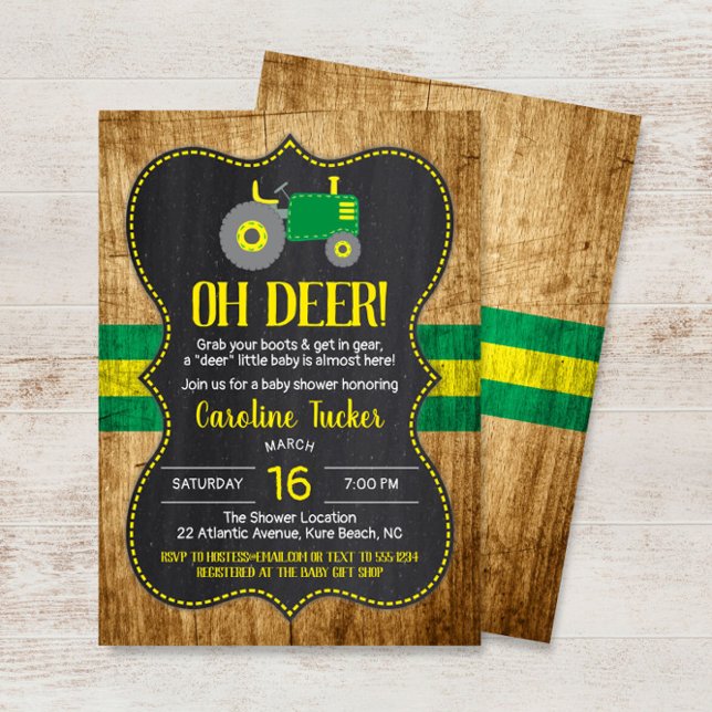 Oh Deer Green Tractor Baby Shower Invitation (Creator Uploaded)